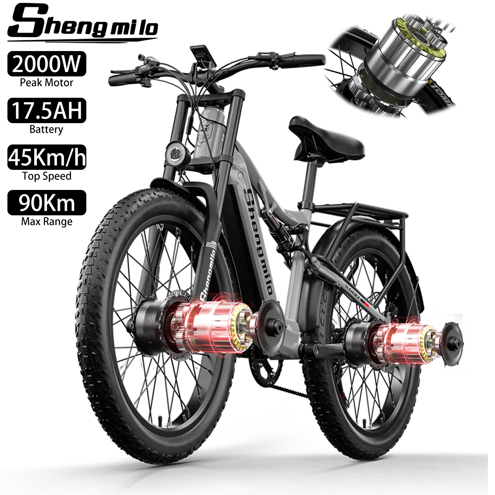 Una e-bike Sheng Milo gris con neumáticos anchos, motor detallado y especificaciones.