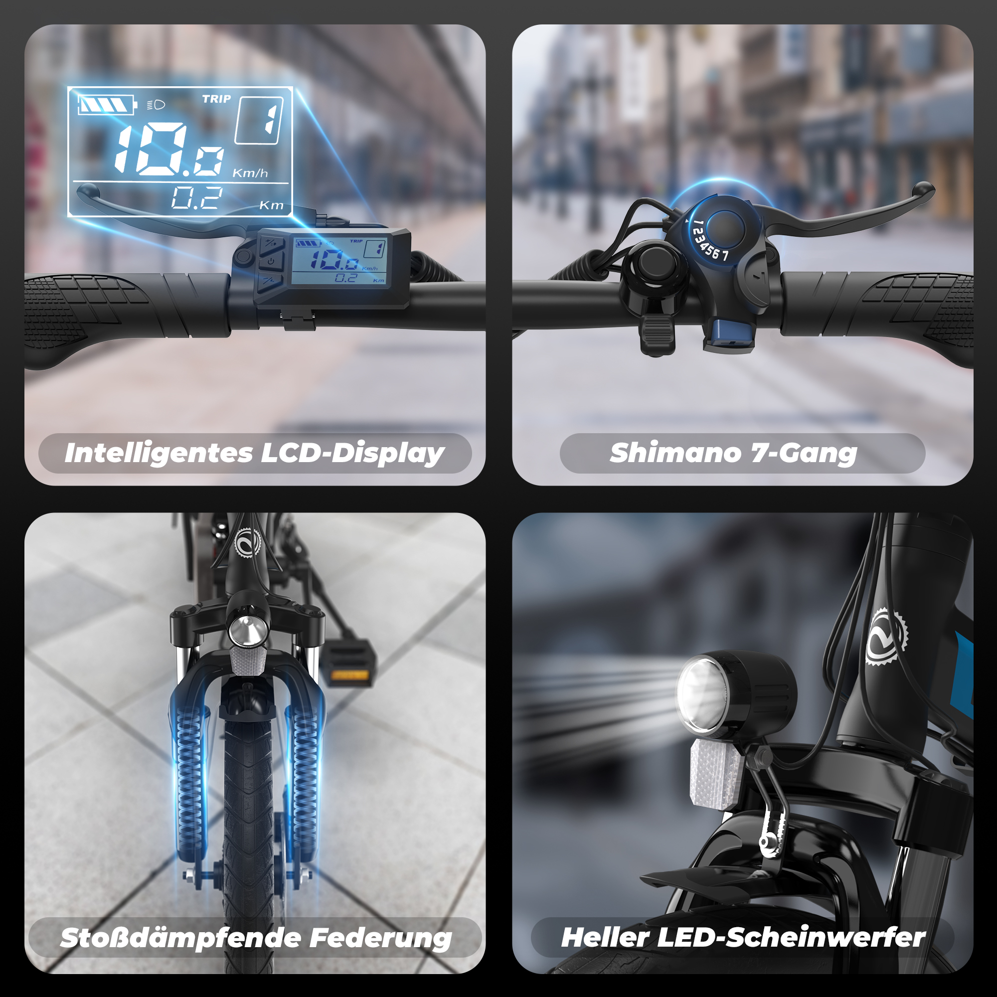 Manillar de e-bike con pantalla LCD, cambio de marchas y horquilla delantera con suspensión.