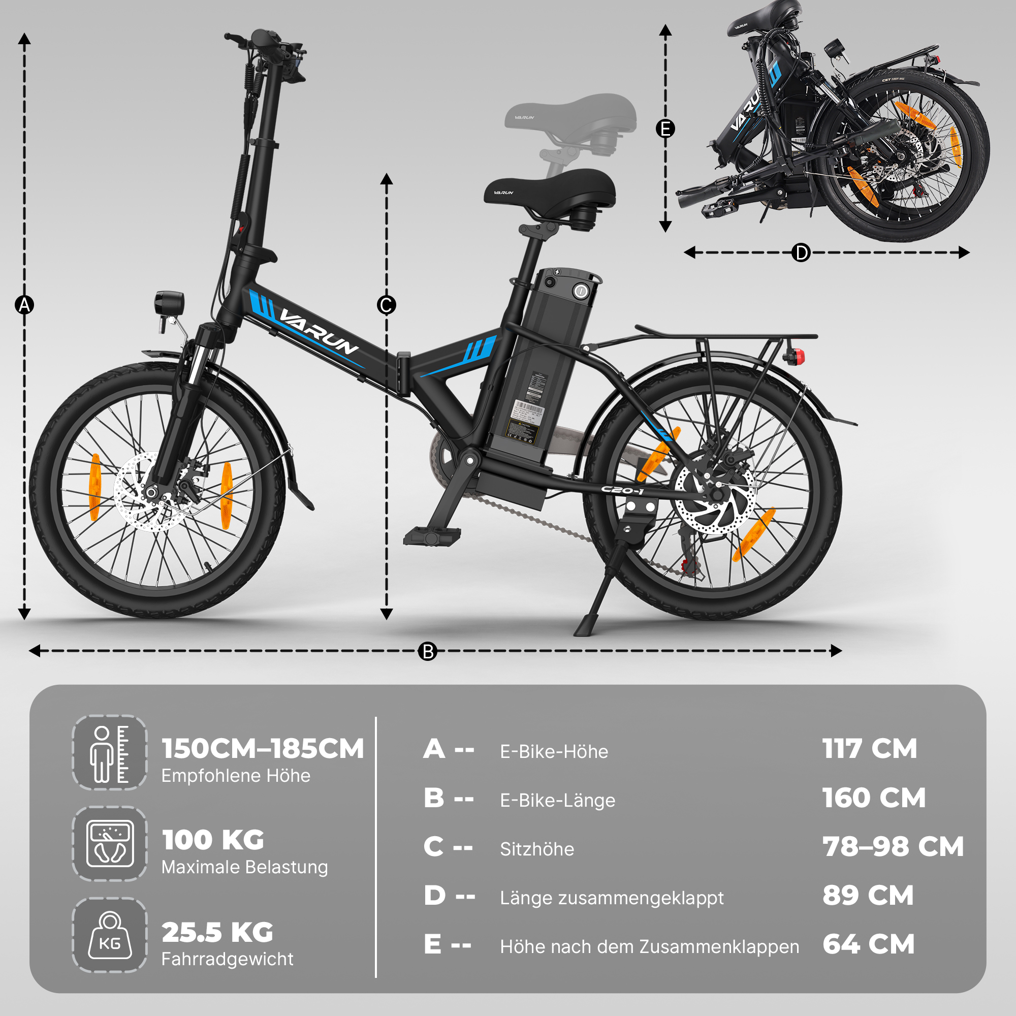 Una bicicleta eléctrica negra con detalles azules, se muestran dimensiones y especificaciones.