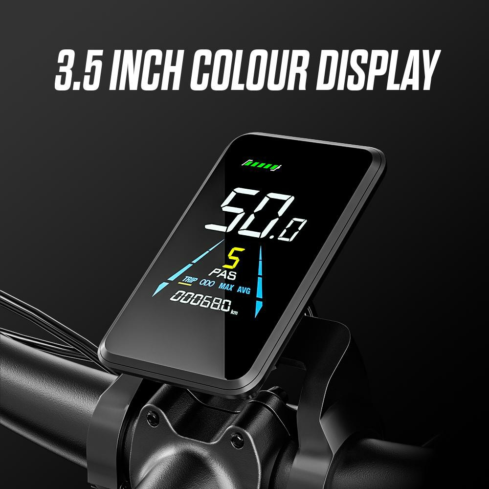 Una pantalla a color de 3.5 pulgadas muestra 50.0 de velocidad, nivel PAS 5 y 680 km ODO.