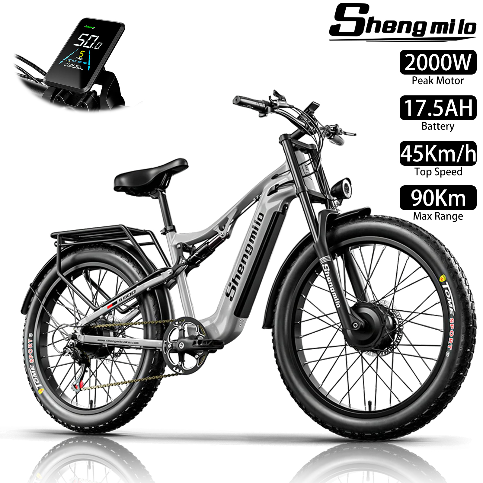Ein silbernes E-Bike mit dicken Reifen und schwarzem Sattel. Display zeigt 50.0.