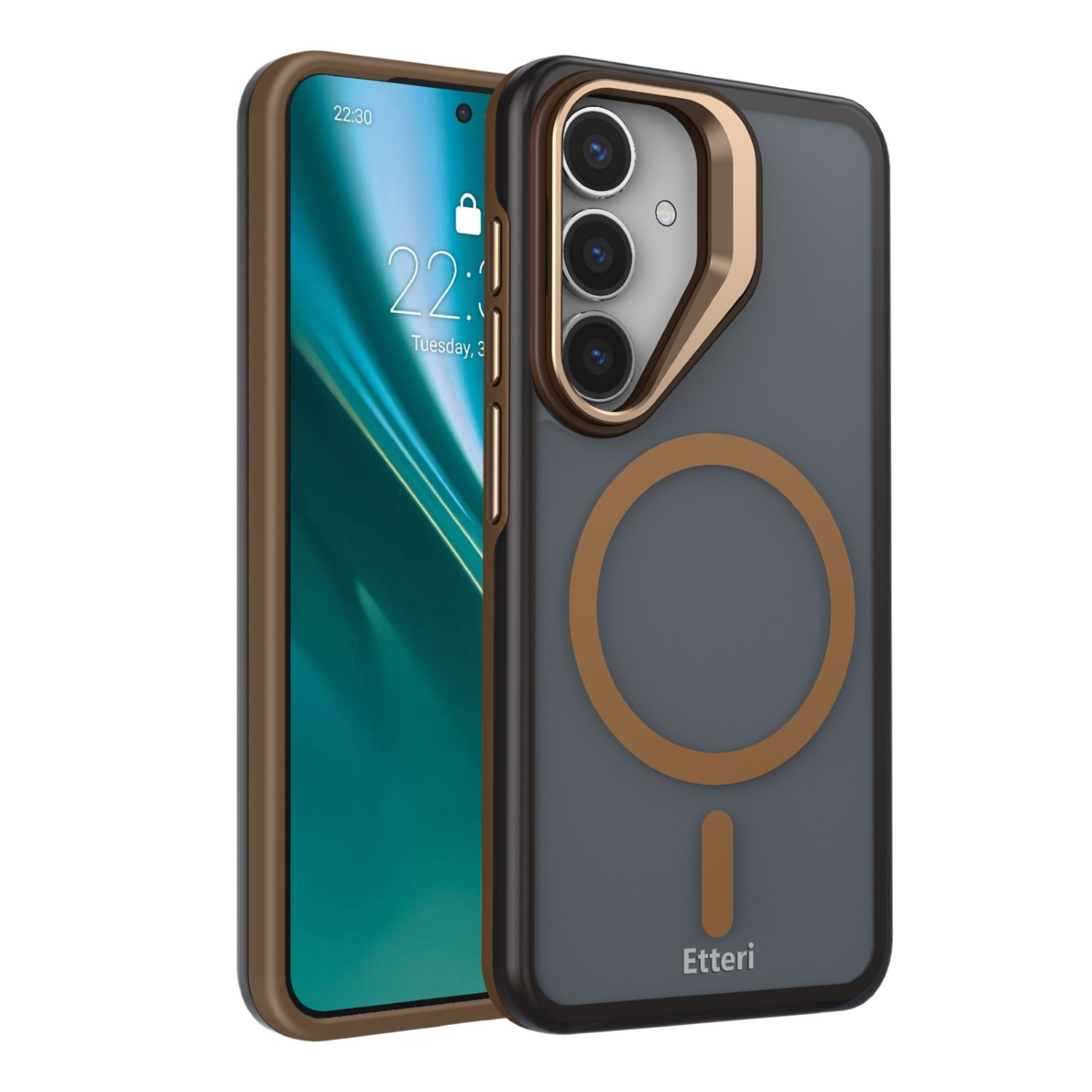 Smartfon w etui z trzema aparatami i okrągłym wzorem.