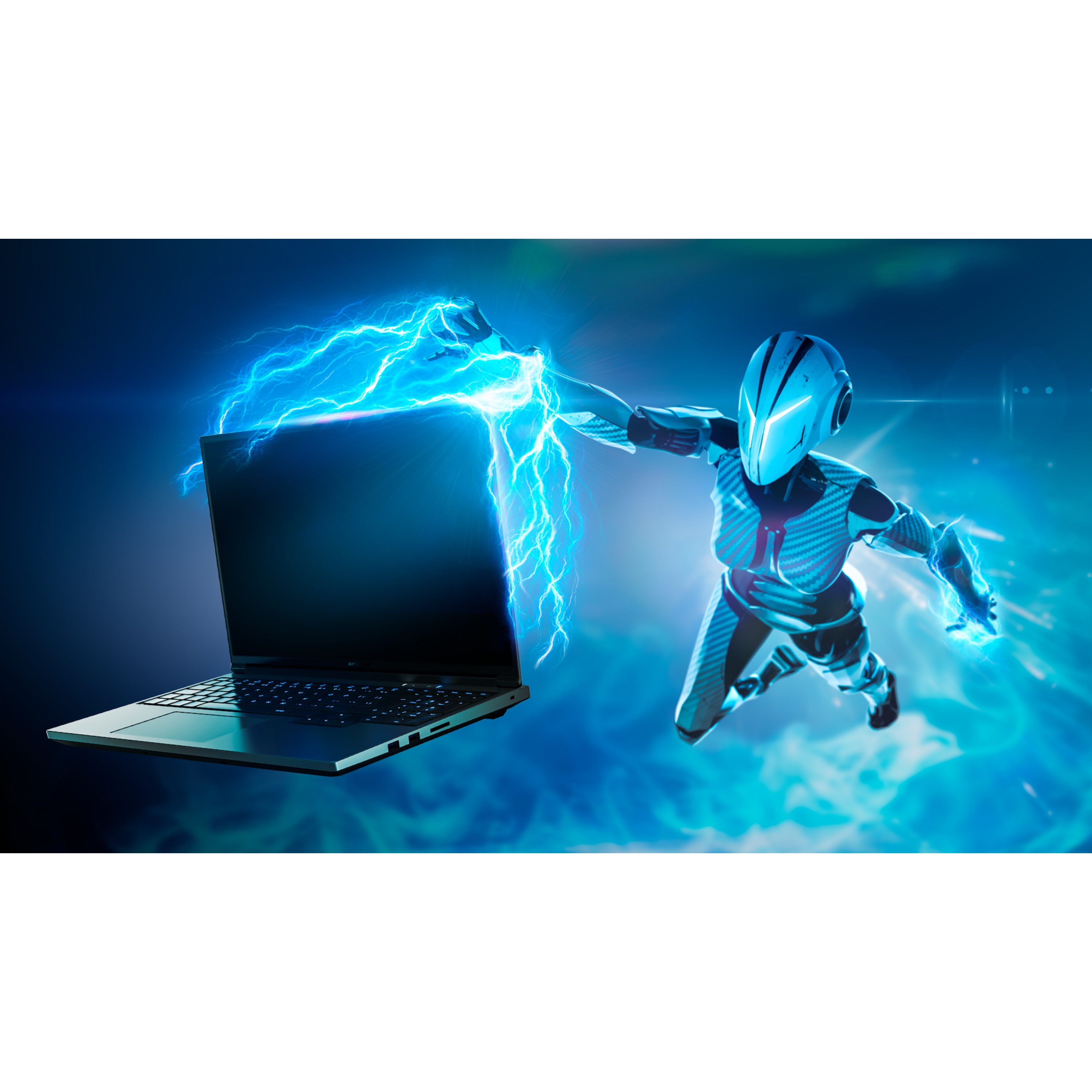 Ein humanoider Roboter schwebt neben einem Laptop, umgeben von blauen Blitzen.
