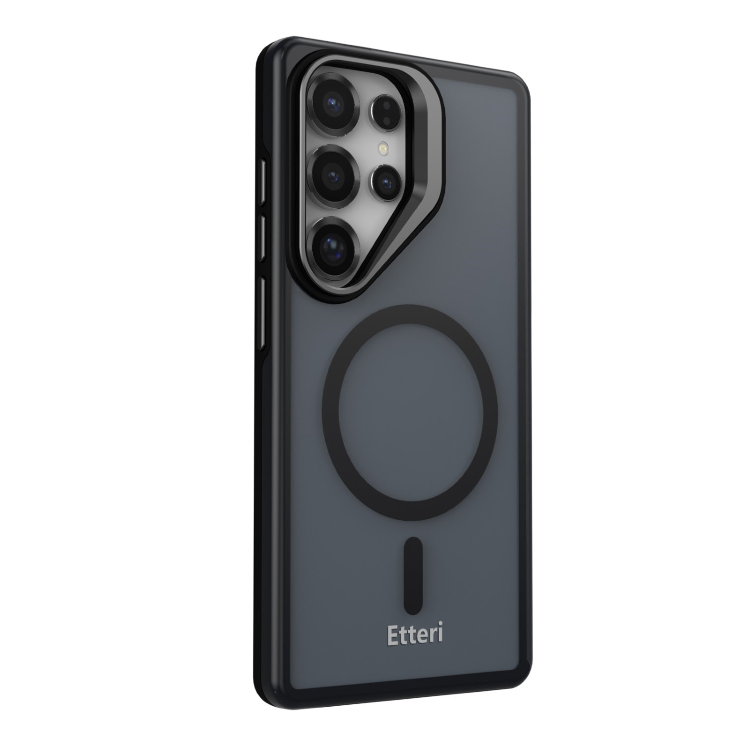 Una cover scura per telefono con cerchio MagSafe e array di fotocamere su sfondo bianco.