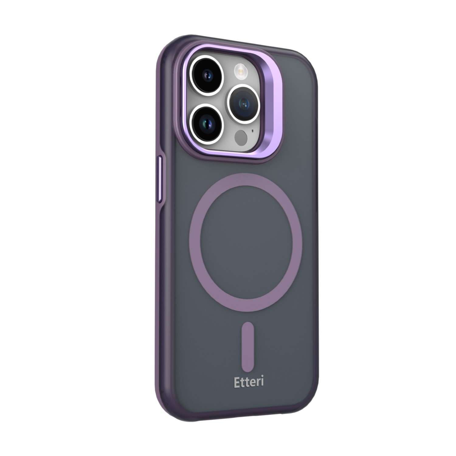 Custodia grigio scuro per telefono con bordo viola e accento fotocamera. Con cerchio MagSafe.