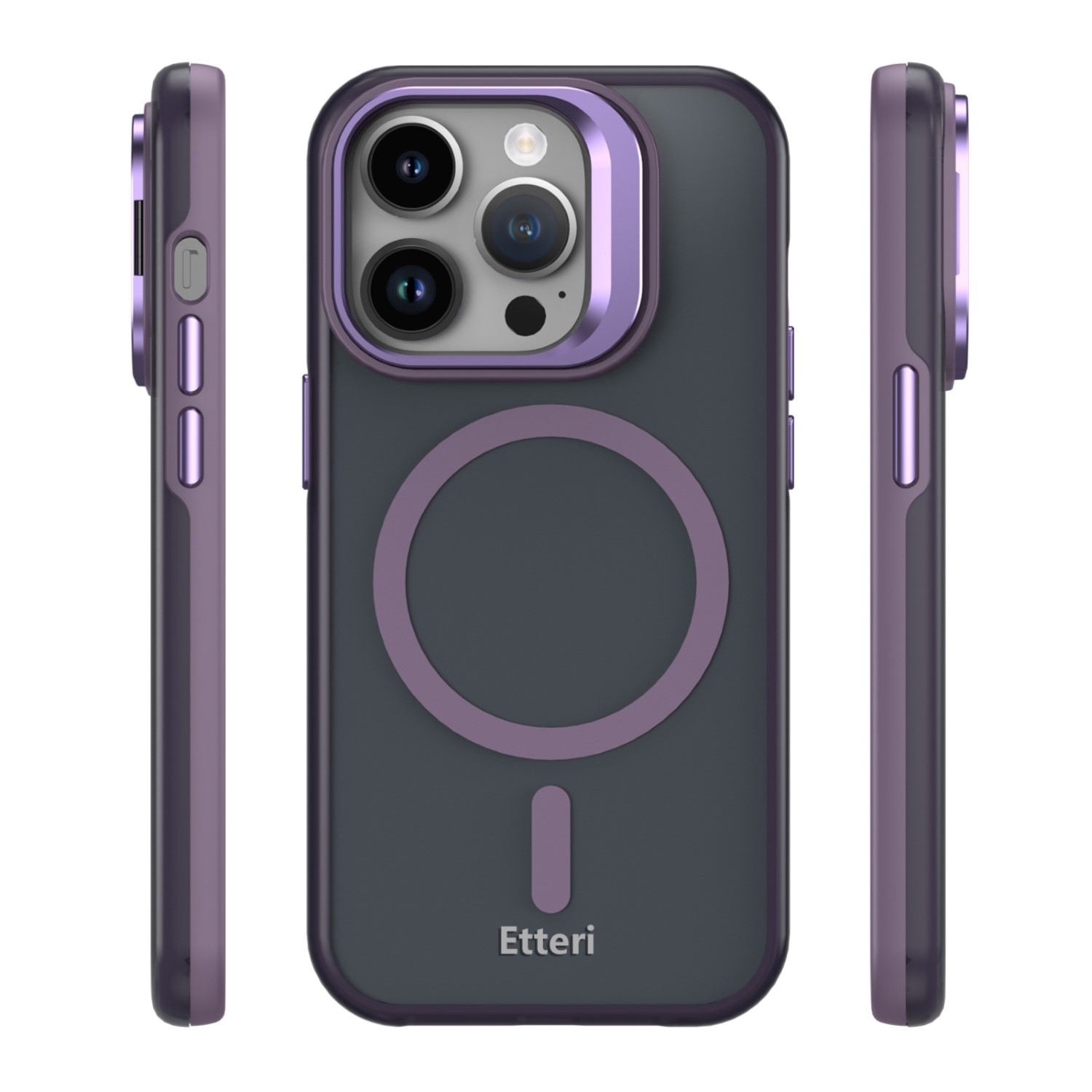 Custodia grigio scuro per telefono con finiture viola, viste frontale e laterali. Mostra lenti.