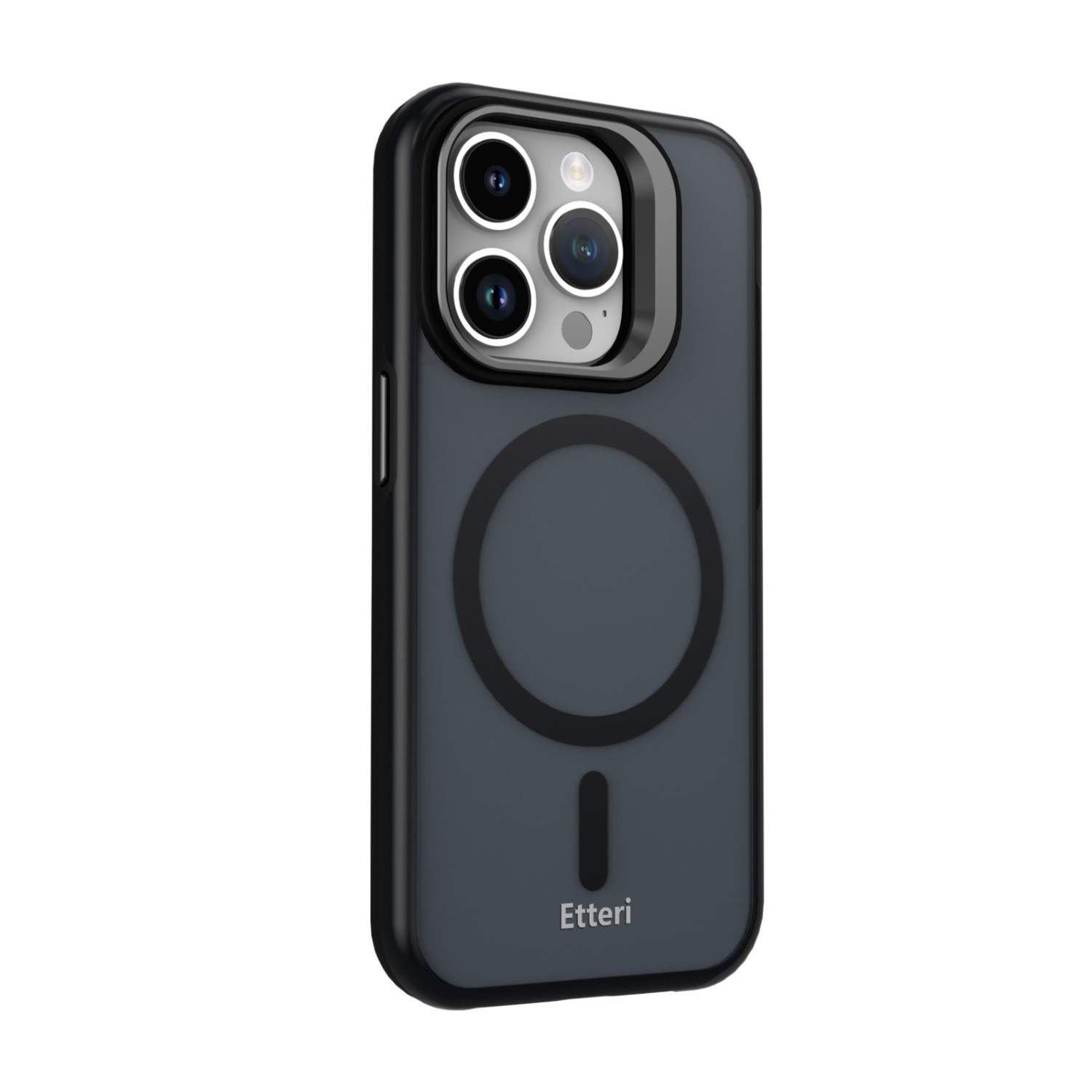 Custodia per telefono grigio scuro con tripla fotocamera e cerchio MagSafe.