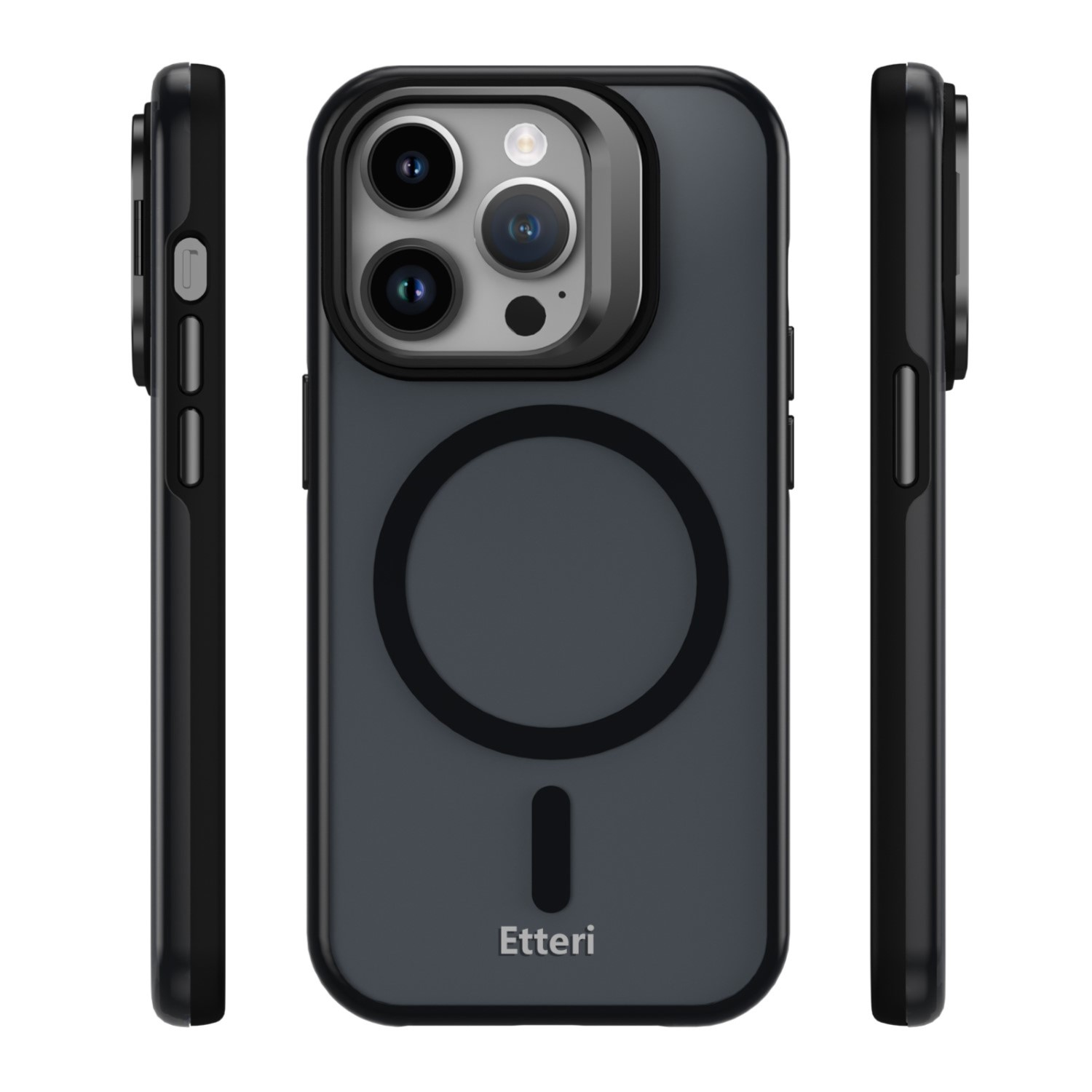 Tre viste di una custodia per telefono grigio scuro con ritaglio fotocamera e anello magnetico.