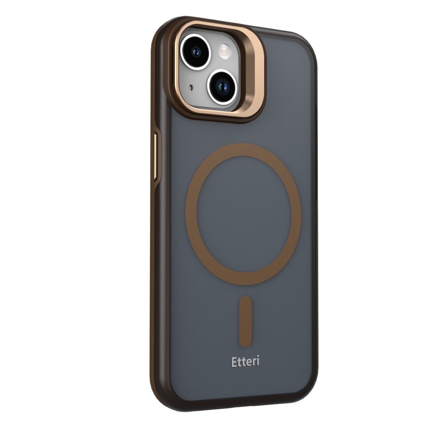 Una cover per telefono grigio scuro con accento dorato attorno alle fotocamere e anello magnetico dorato.