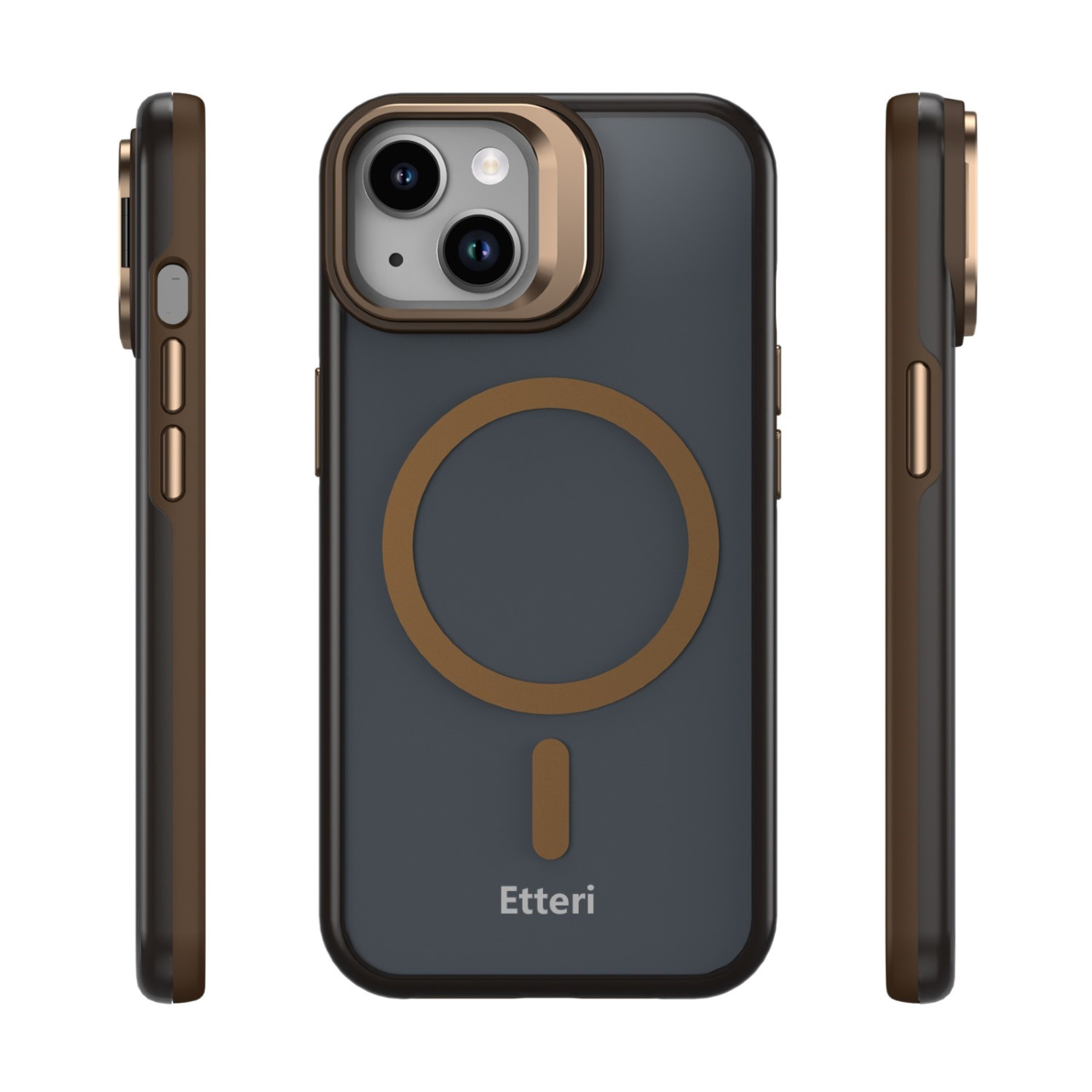 Custodia grigio scuro per iPhone con accenti bronzo, vista frontale e laterale.