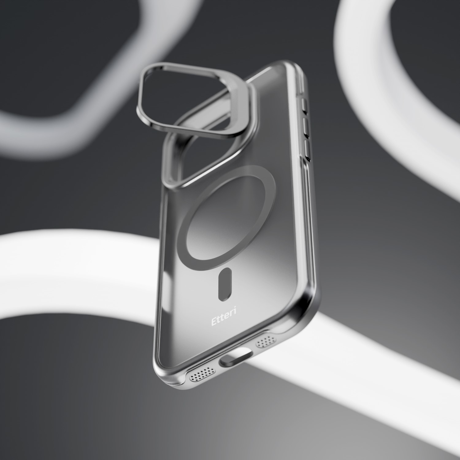 Przezroczyste etui na telefon z metalowym zderzakiem i pierścieniem magnetycznym na ciemnym tle.