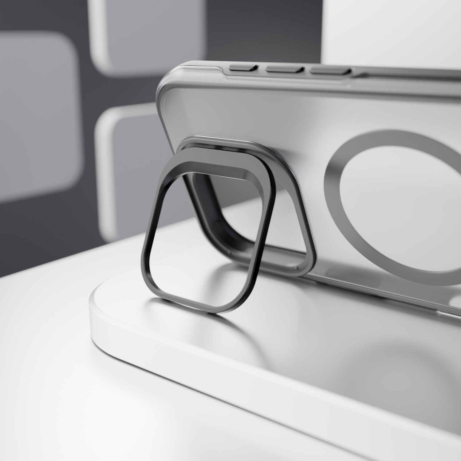 Przezroczyste etui na telefon z czarnym podpórką pokazane na białej powierzchni.