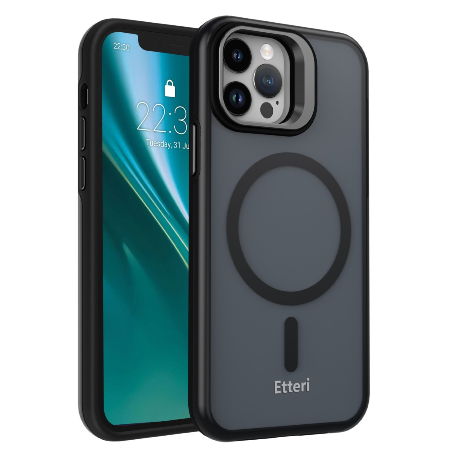 Ciemne etui na telefon z telefonem. Posiada moduł kamery i logo.