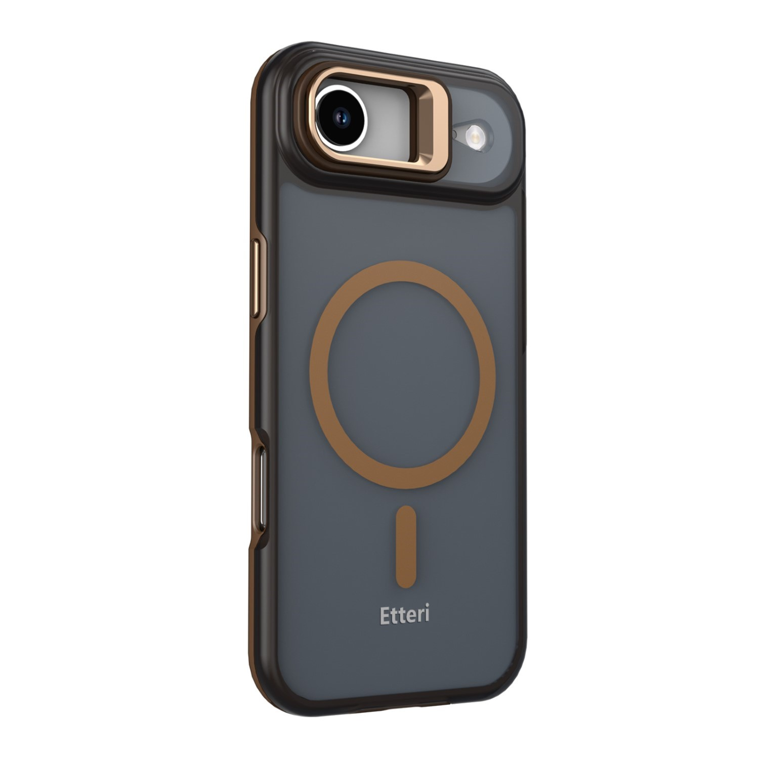 Ciemnoszare etui na telefon ze złotymi akcentami i magnetycznym pierścieniem.