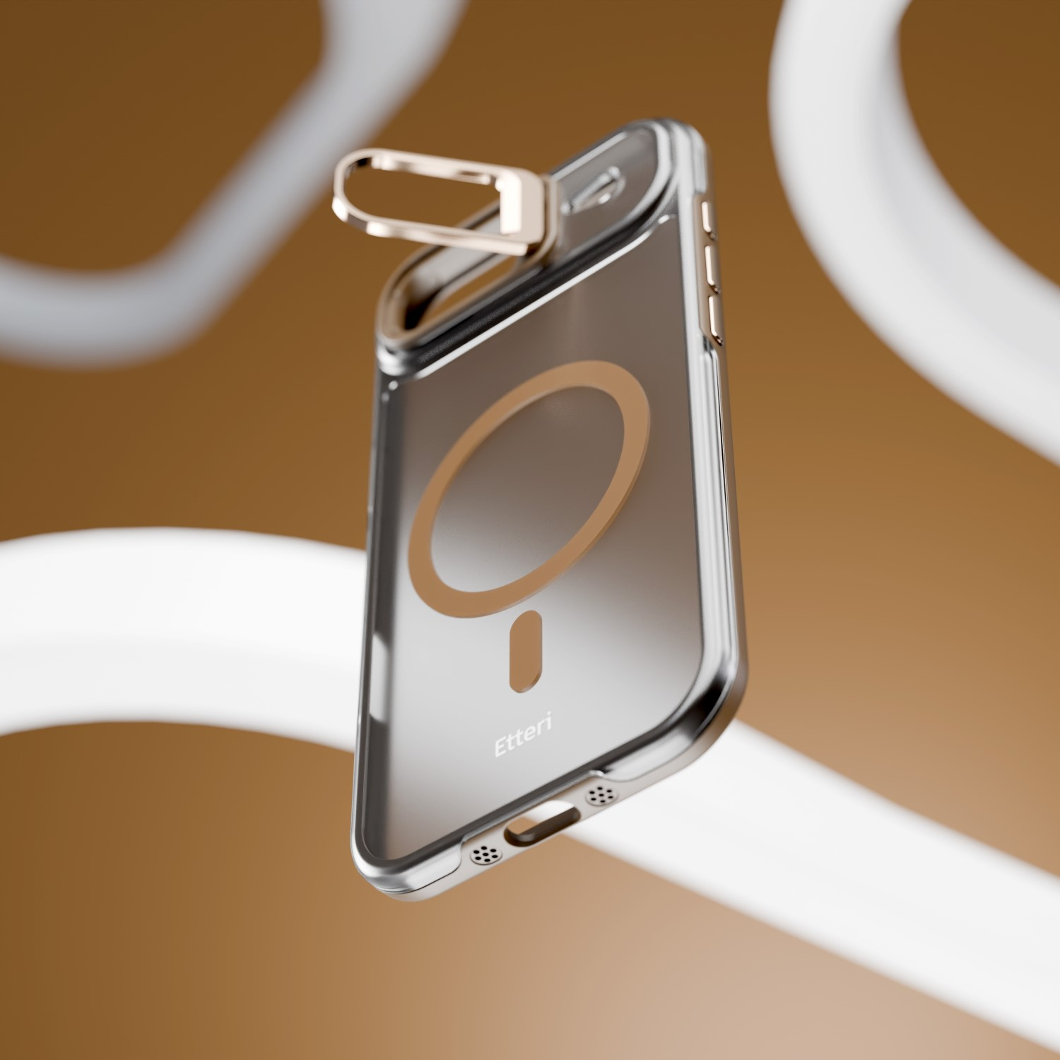 Przezroczyste etui na telefon ze złotym pierścieniem i kółkiem MagSafe.