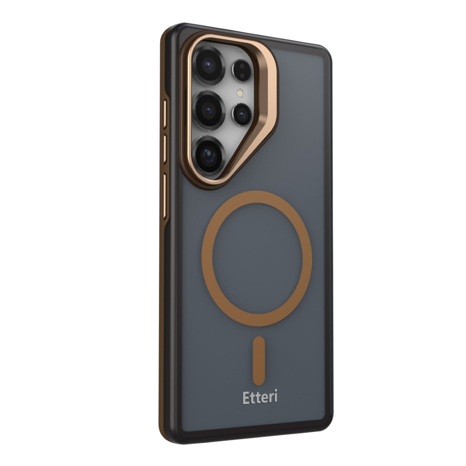 Una custodia per telefono grigio scuro con cornice fotocamera dorata e anello magnetico dorato.