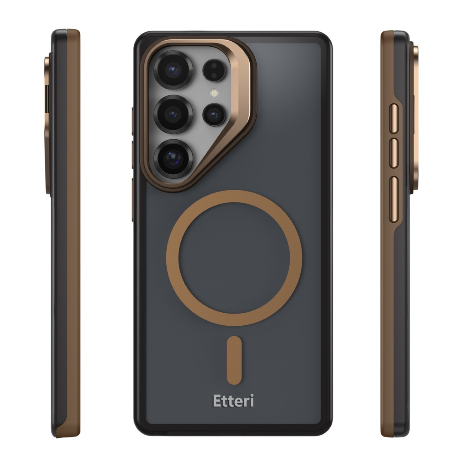 Una cover per telefono grigio scuro con accenti dorati e protezione per fotocamera, mostrata da tre angolazioni.