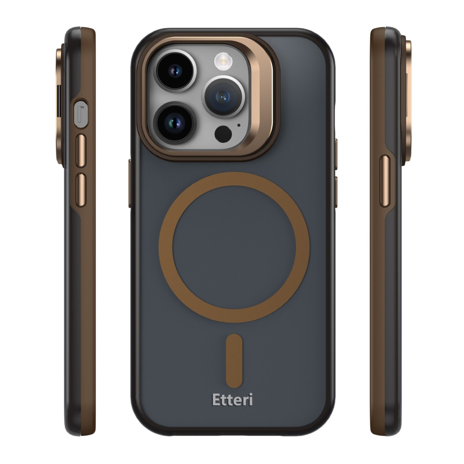 Tre viste di una custodia per telefono grigio scuro con accenti di bronzo e anello magnetico.