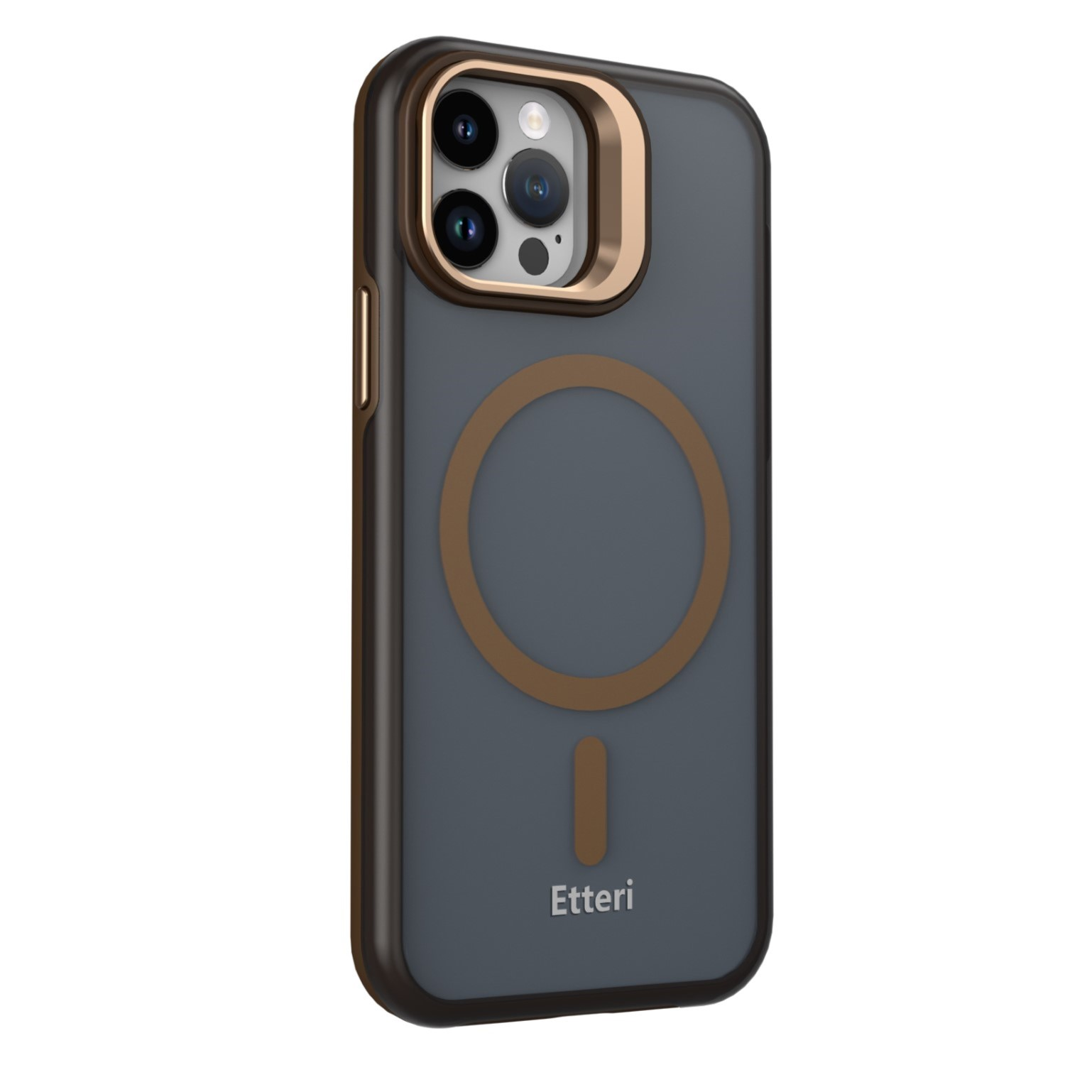 Ciemnoszare etui na iPhone ze złotym pierścieniem aparatu i magnetycznym kółkiem ładowania.