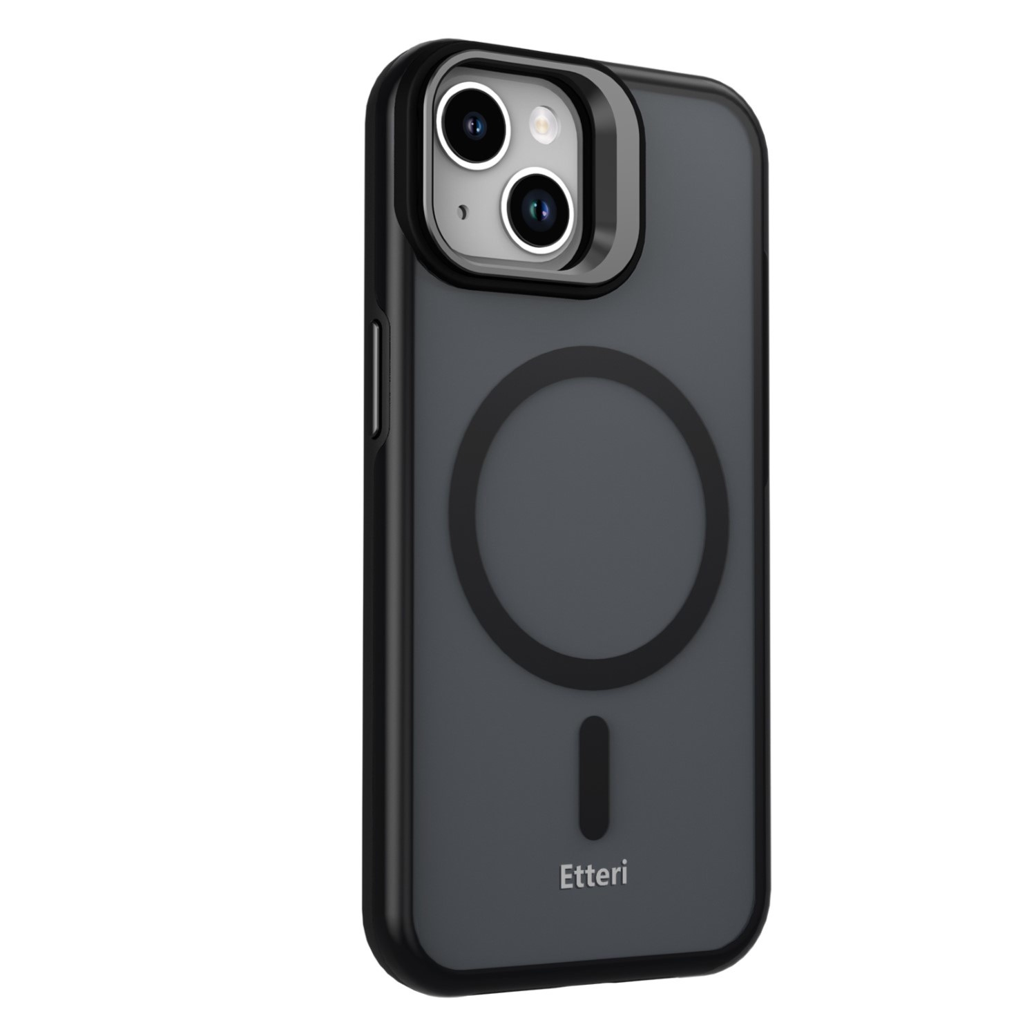 Czarne etui na iPhone z przezroczystym tyłem, pokazujące pierścień magnetyczny i logo Eterri.