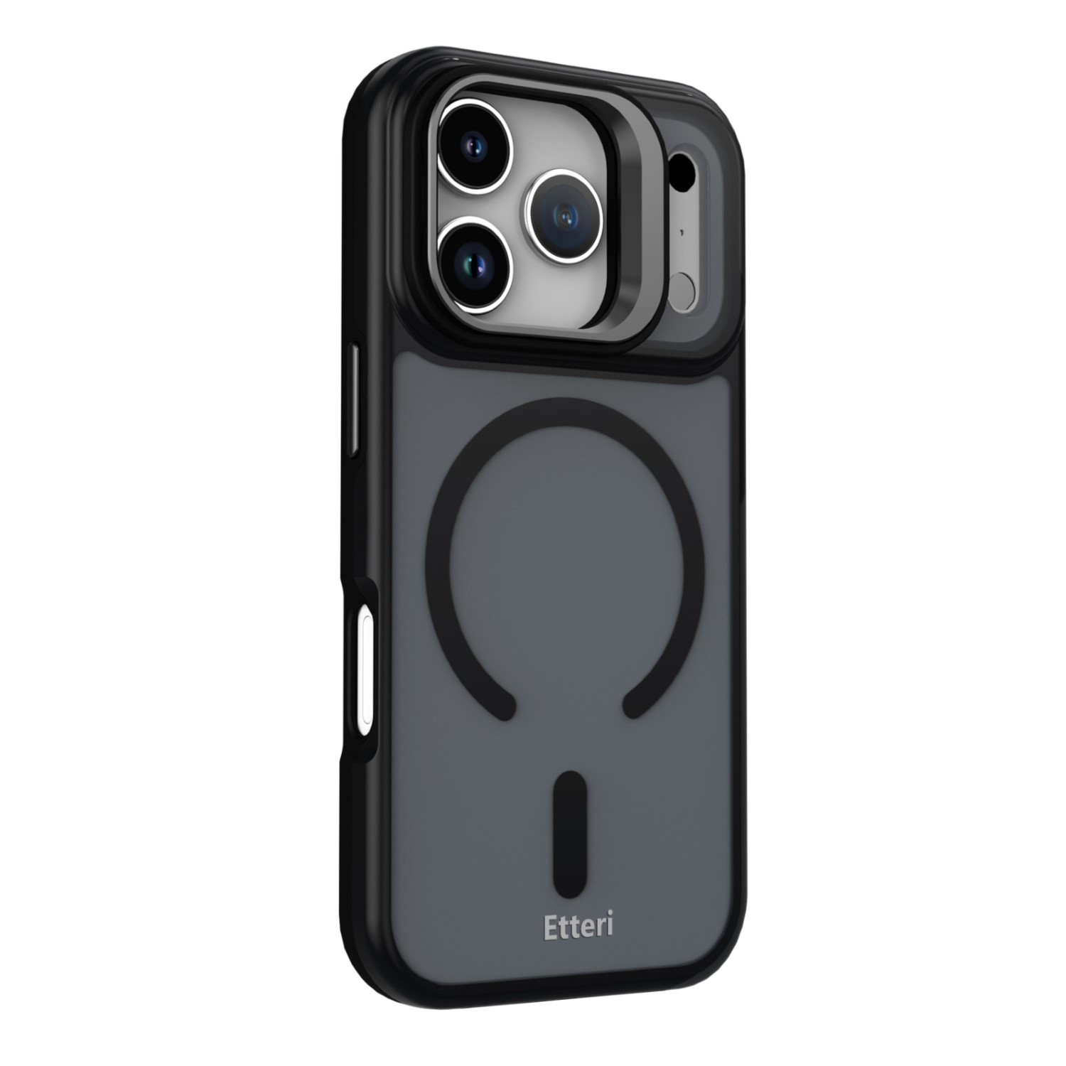 Custodia nera per iPhone con ritaglio fotocamera e cerchio MagSafe.