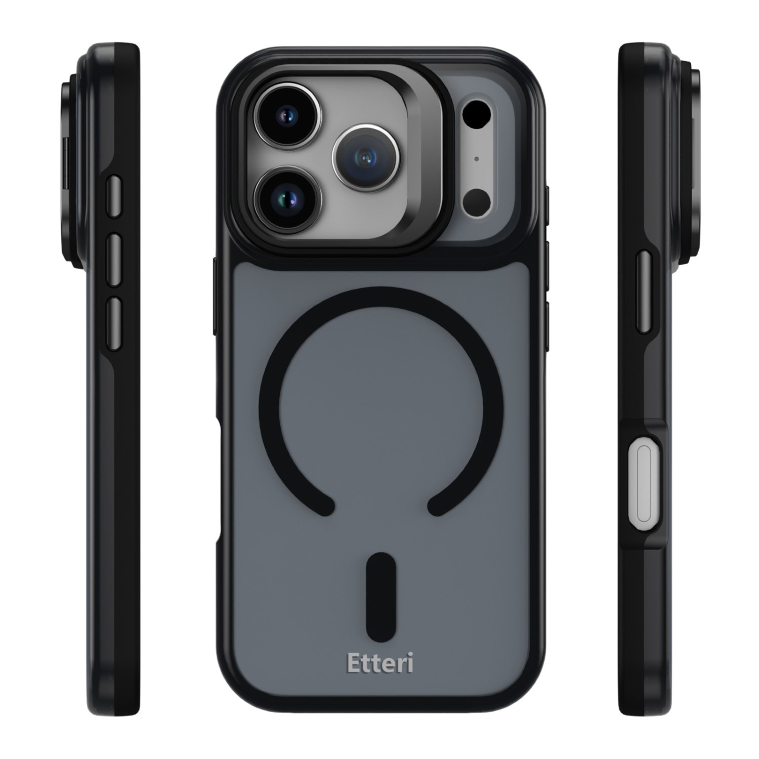 Tre viste di una custodia nera per iPhone con retro trasparente che mostra un anello magnetico.