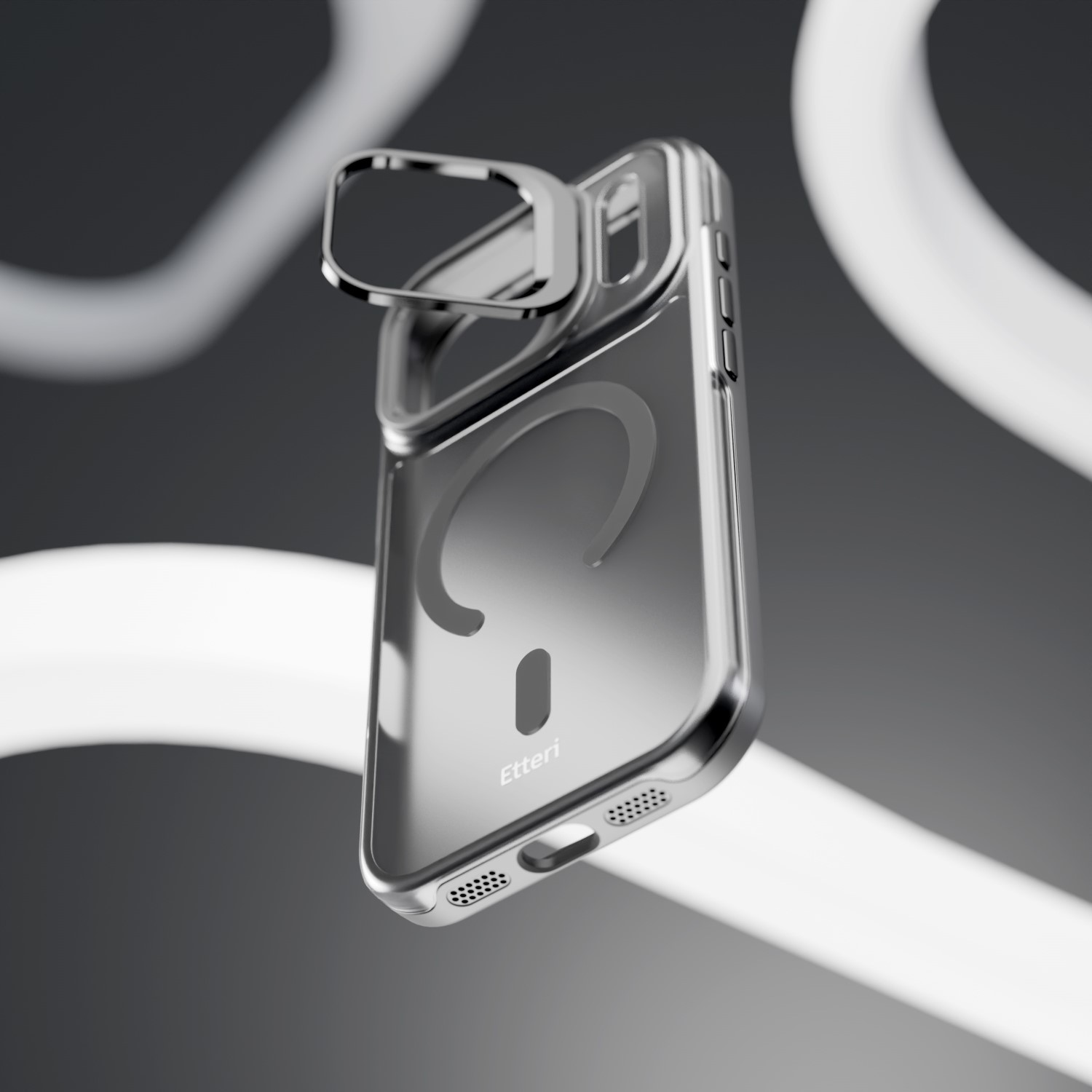 Una custodia trasparente per telefono con bordo argentato e anello porta anello.