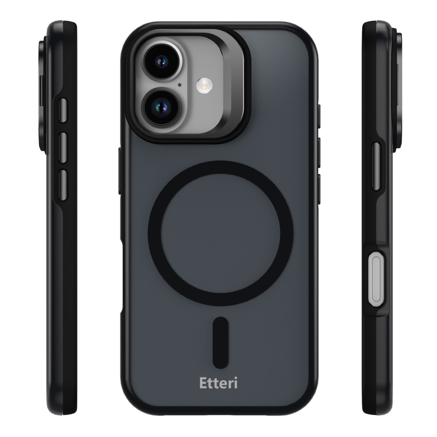 Trzy widoki ciemnoszarego etui na iPhone z wycięciem na aparat i pierścieniem magnetycznym.