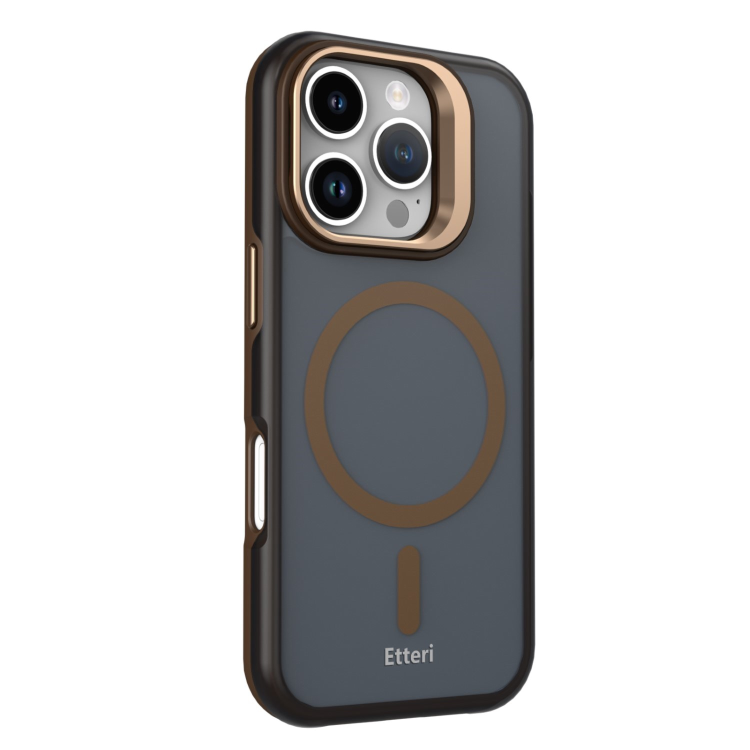 Una custodia grigio scuro per iPhone con anello fotocamera e cerchio magnetico bronzo-oro.