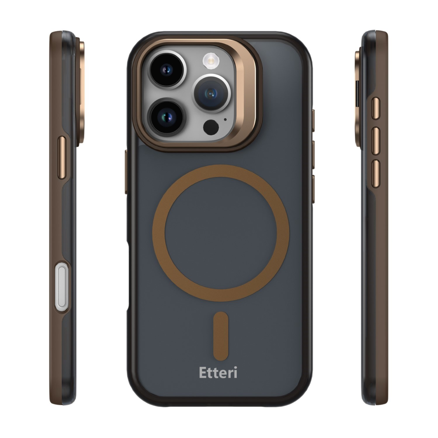 Una cover scura per telefono con accenti marroni e tre lenti.