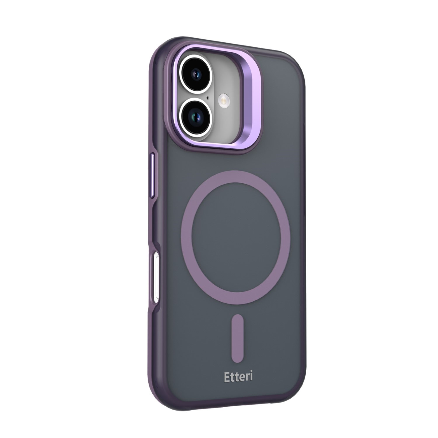 Custodia grigio scuro per telefono con accenti viola, magnete circolare e barra verticale.