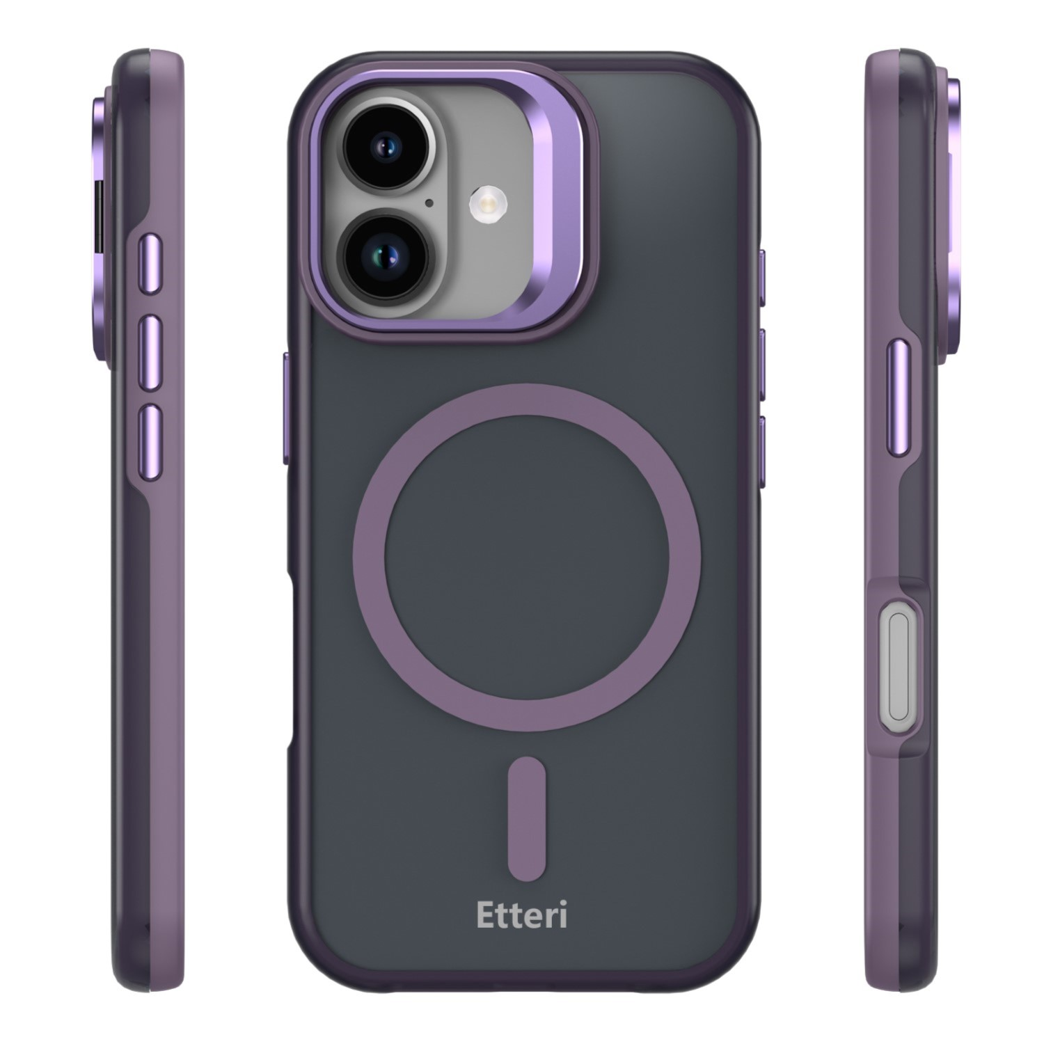 Tre viste di una custodia per telefono grigio scuro con accenti viola e anello MagSafe.