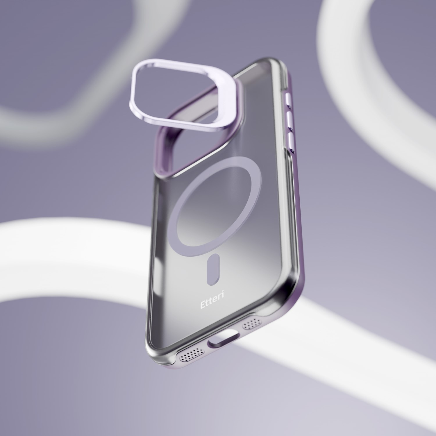 Una custodia trasparente per telefono con bordo viola e anello MagSafe fluttua su sfondo viola tenue.