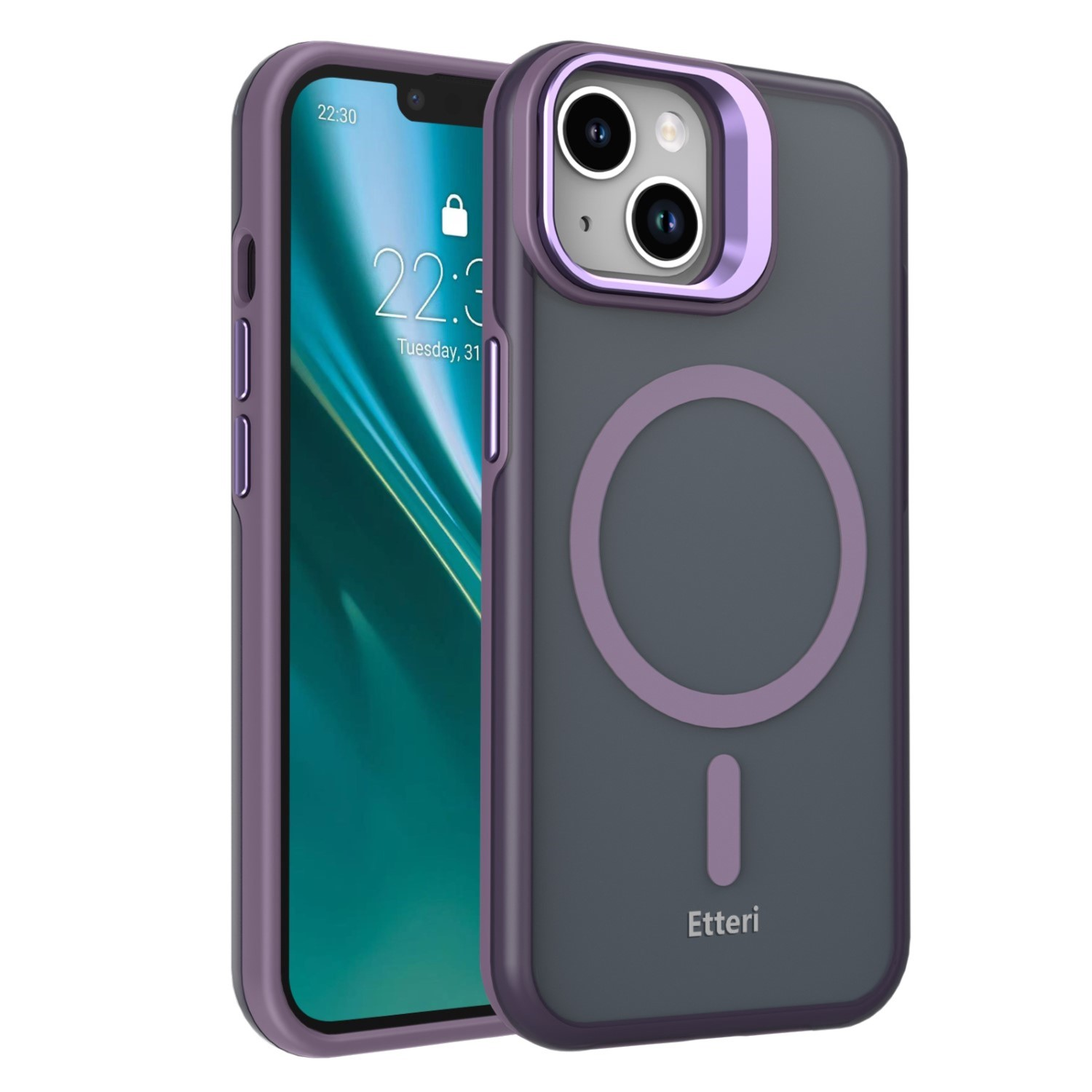 Pokazano fioletowo-szarą obudowę iPhone'a z okrągłym pierścieniem magnetycznym.