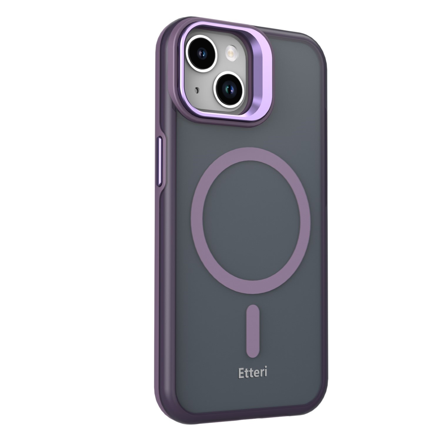 Ciemnoszare etui na iPhone z fioletową metalową ramką aparatu i pierścieniem magnetycznym.