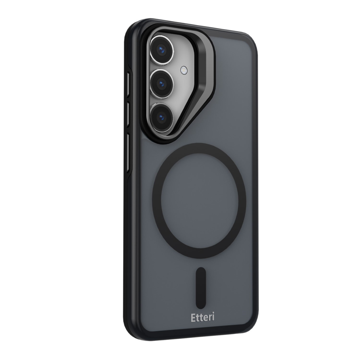 Una custodia per telefono grigio scuro con tre obiettivi della fotocamera e un anello magnetico sul retro.