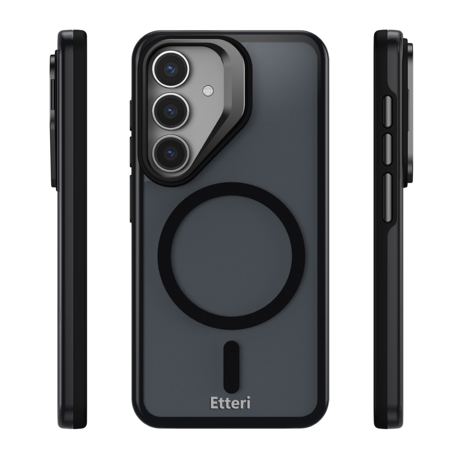 Tre viste di una custodia per telefono nera con tre fotocamere e un anello magnetico.