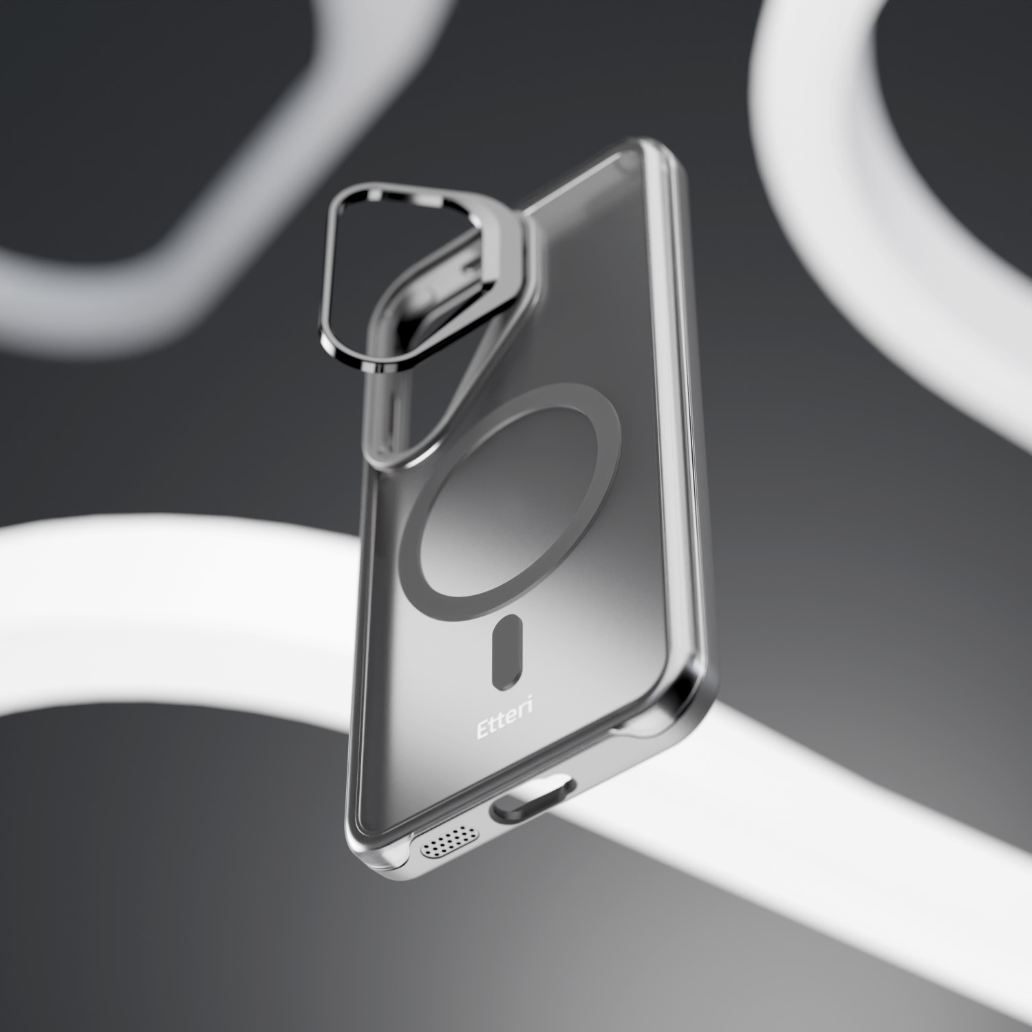 Una custodia trasparente per telefono con cornice argentata, che mostra l'anello MagSafe e un logo.