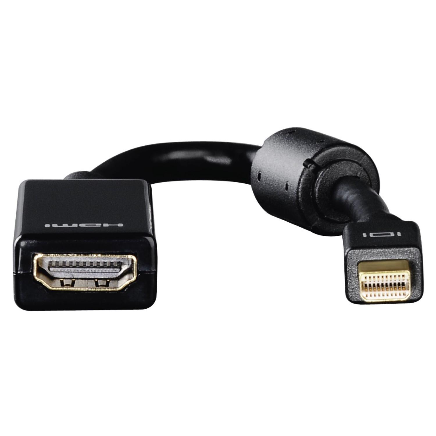 Schwarzes HDMI-zu-DisplayPort-Adapterkabel auf weißem Hintergrund.