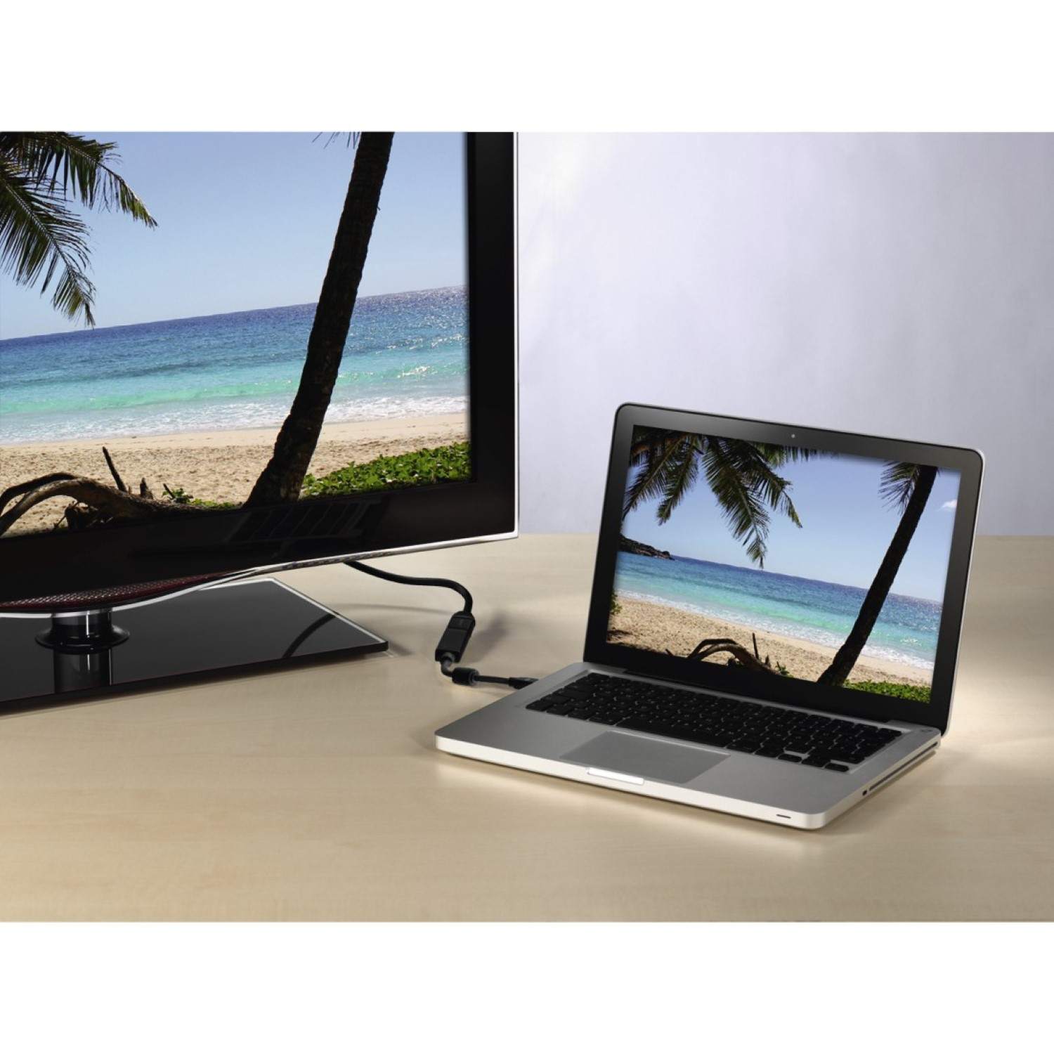 Ein Laptop ist mit einem Fernseher verbunden, beide zeigen eine tropische Strandszene mit Palmen.