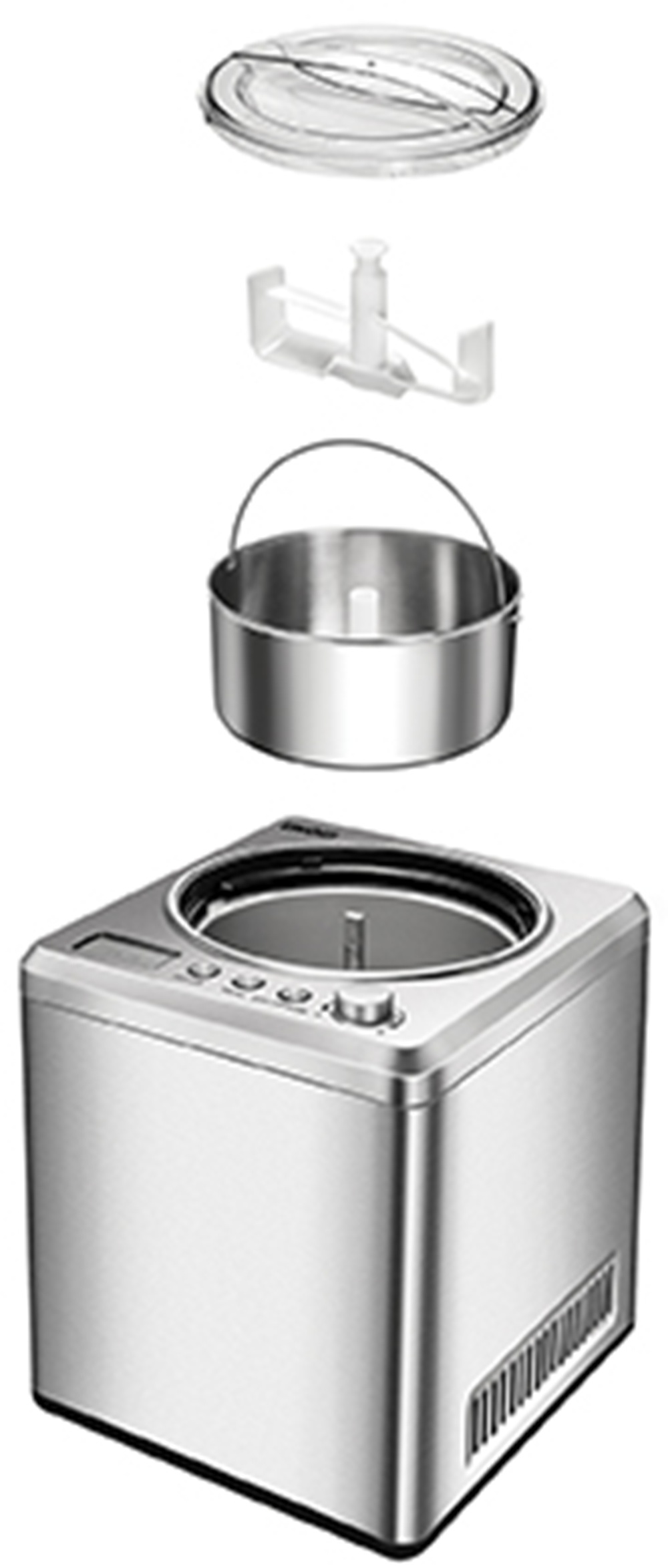 Srebrna maszynka do lodów rozłożona na części: pokrywka, mieszadło i miska.