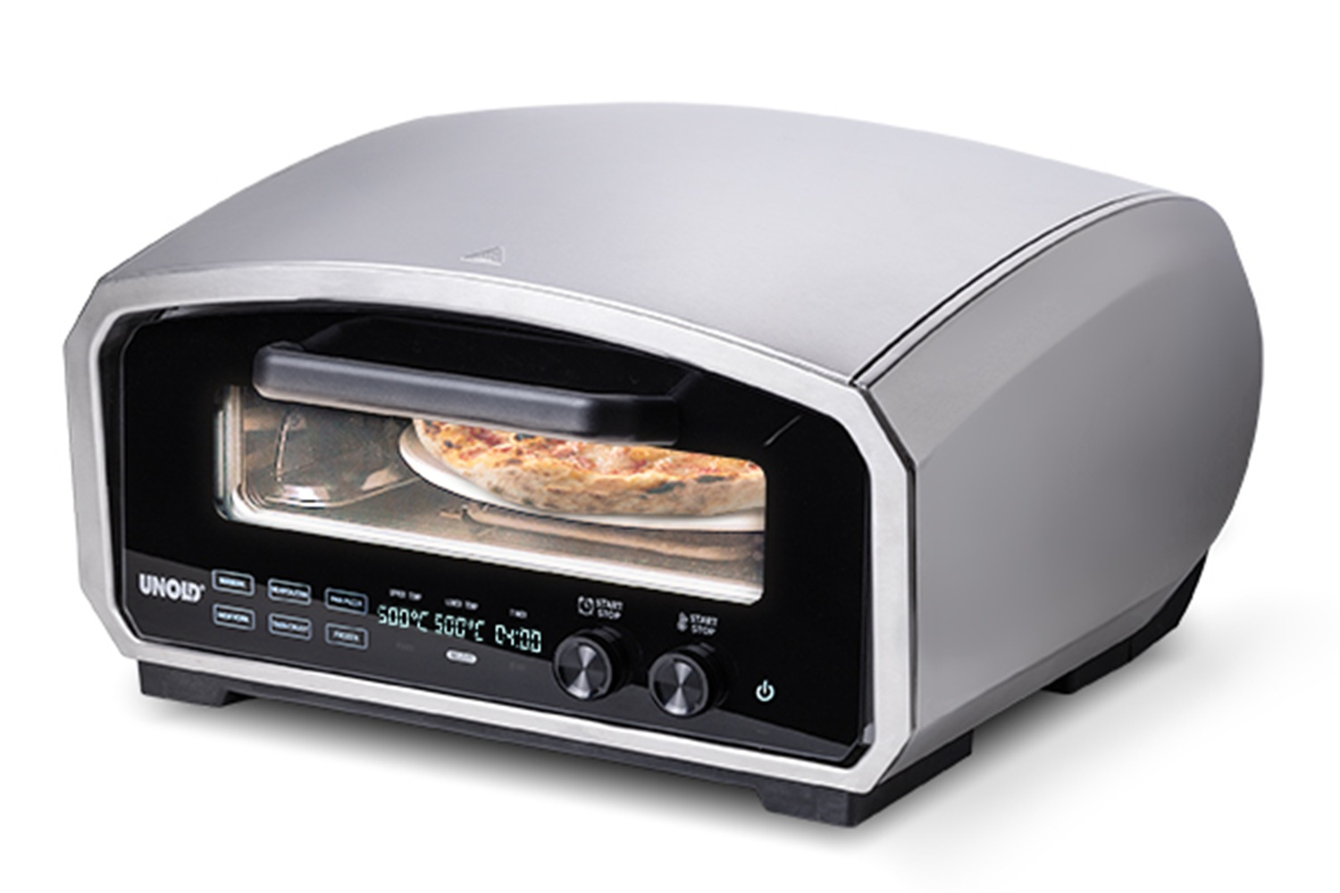 Un four à pizza Unold argenté avec une pizza à l'intérieur, sur fond blanc.