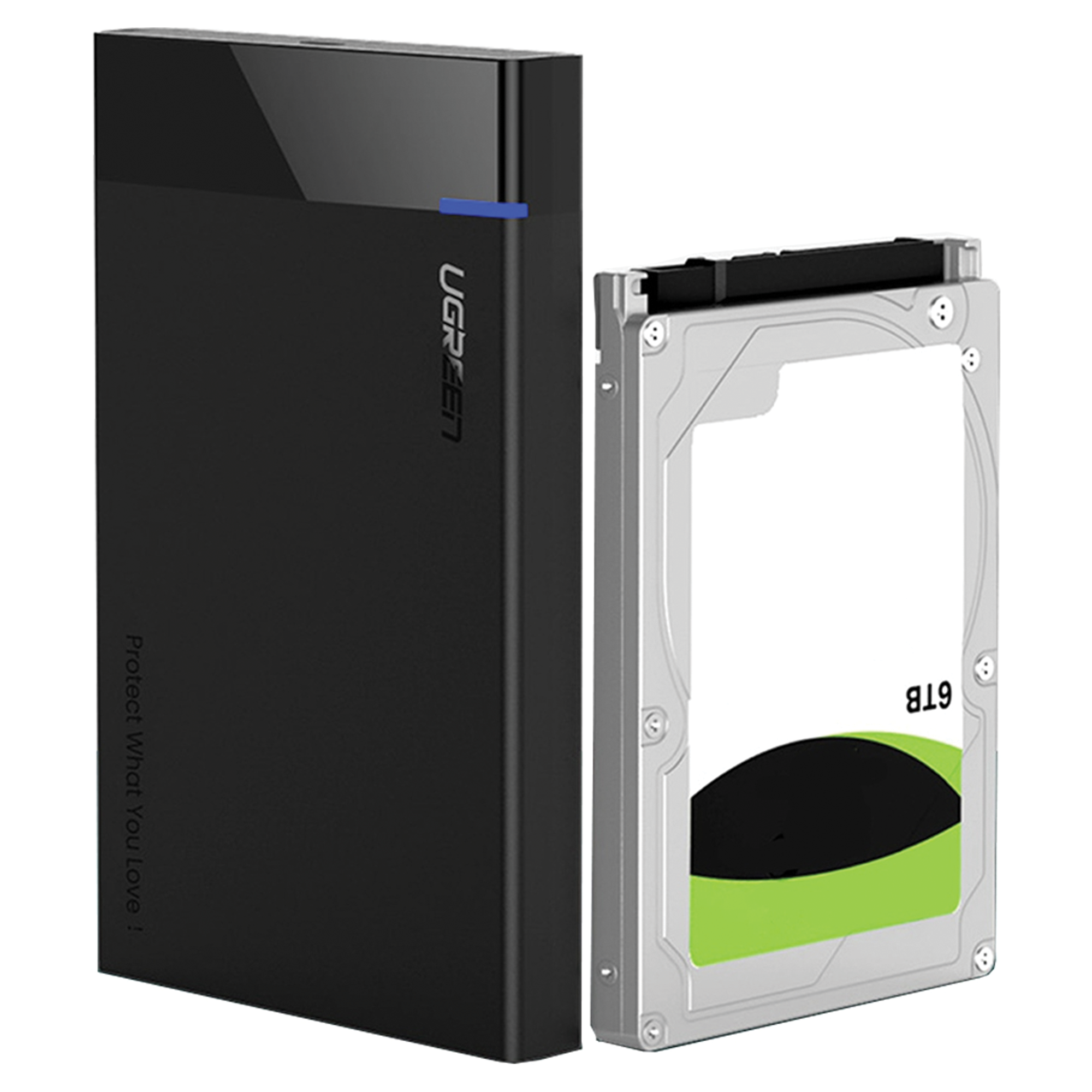 Czarna obudowa dysku twardego obok srebrnego wewnętrznego dysku twardego 6TB.