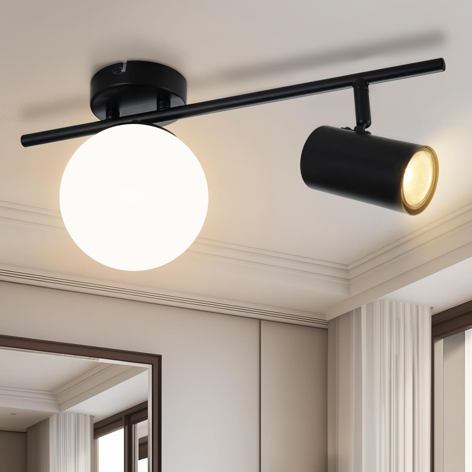 Una lampada da soffitto nera su binario con un globo sferico e un faretto cilindrico.