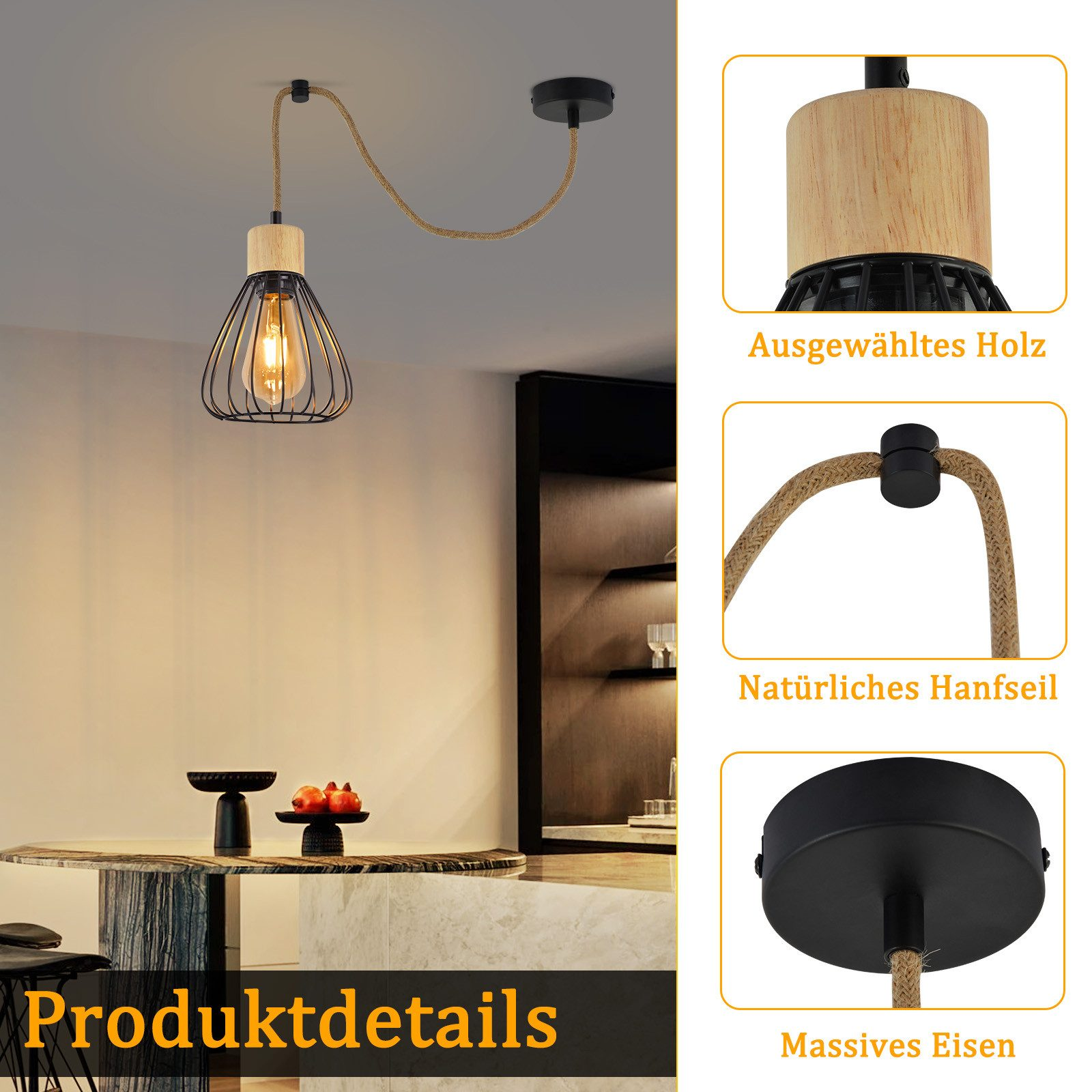 Lampa wisząca z drewnem, klatką drucianą i żarówką Edison, wisząca z sufitu. Detale pokazują drewno, linę i metalową podstawę.