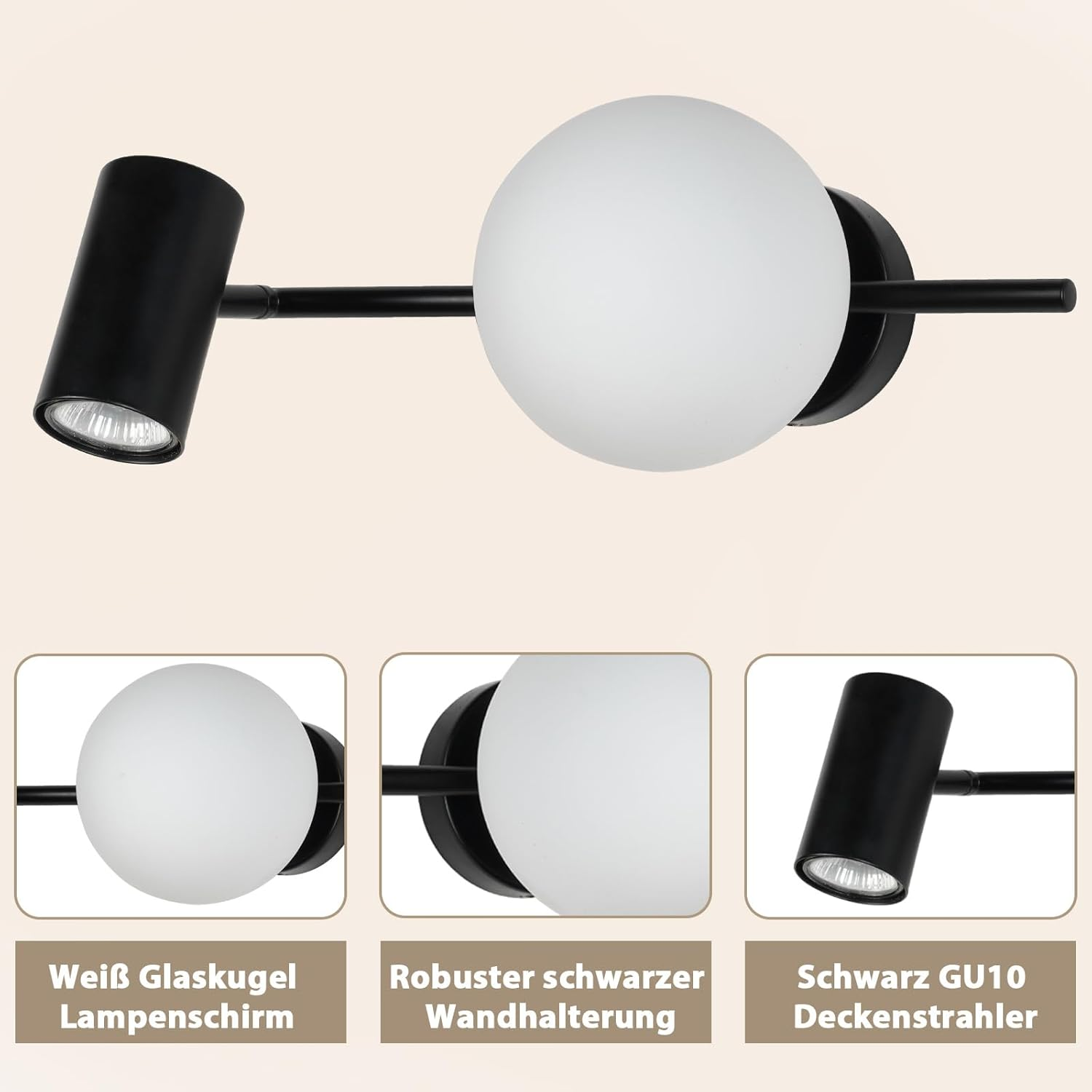 Czarna lampa szynowa z jednym reflektorem i kulistą lampą, zamontowana na drążku.