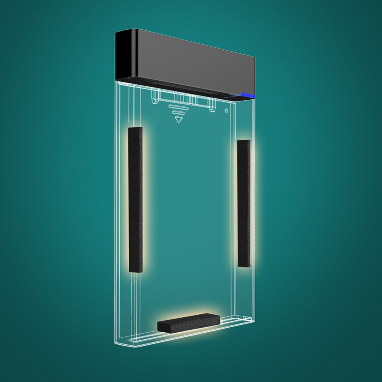 Czarny prostokątny obiekt nad przezroczystą ramą z dwoma pionowymi i jednym poziomym czarnym paskiem.