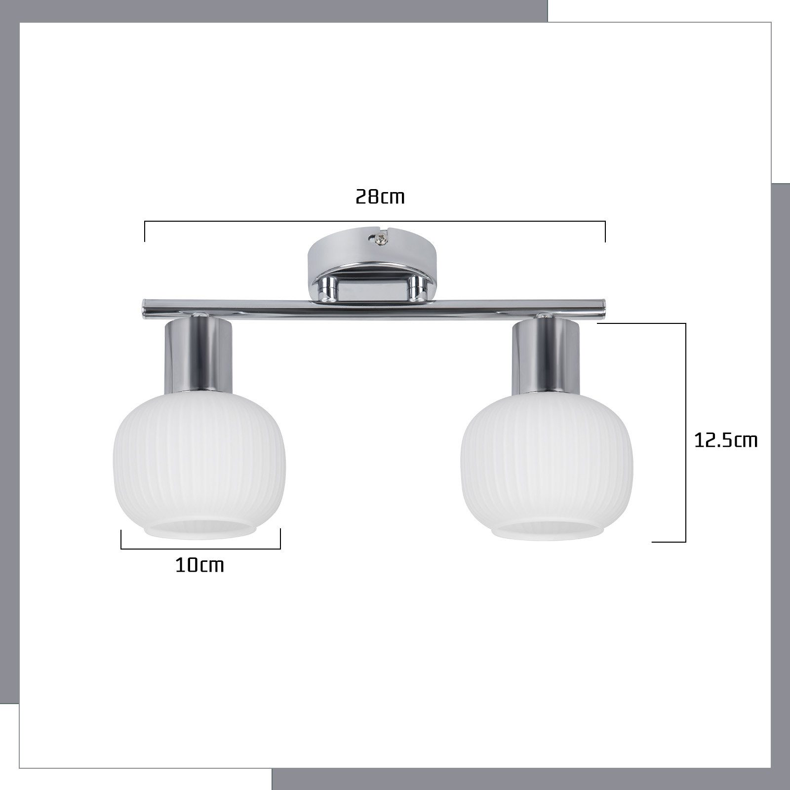 Dwa białe prążkowane klosze lamp na chromowanym drążku, 28cm.