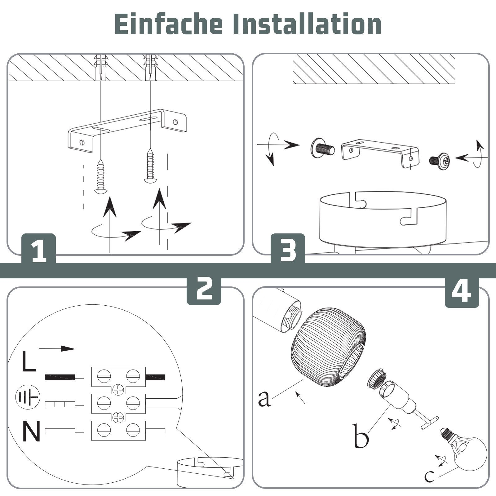 Diagram przedstawia 4 kroki łatwej instalacji lampy. Krok 1: Montaż wspornika. Krok 2: Okablowanie. Krok 3: Mocowanie podstawy. Krok 4: Montaż żarówki.