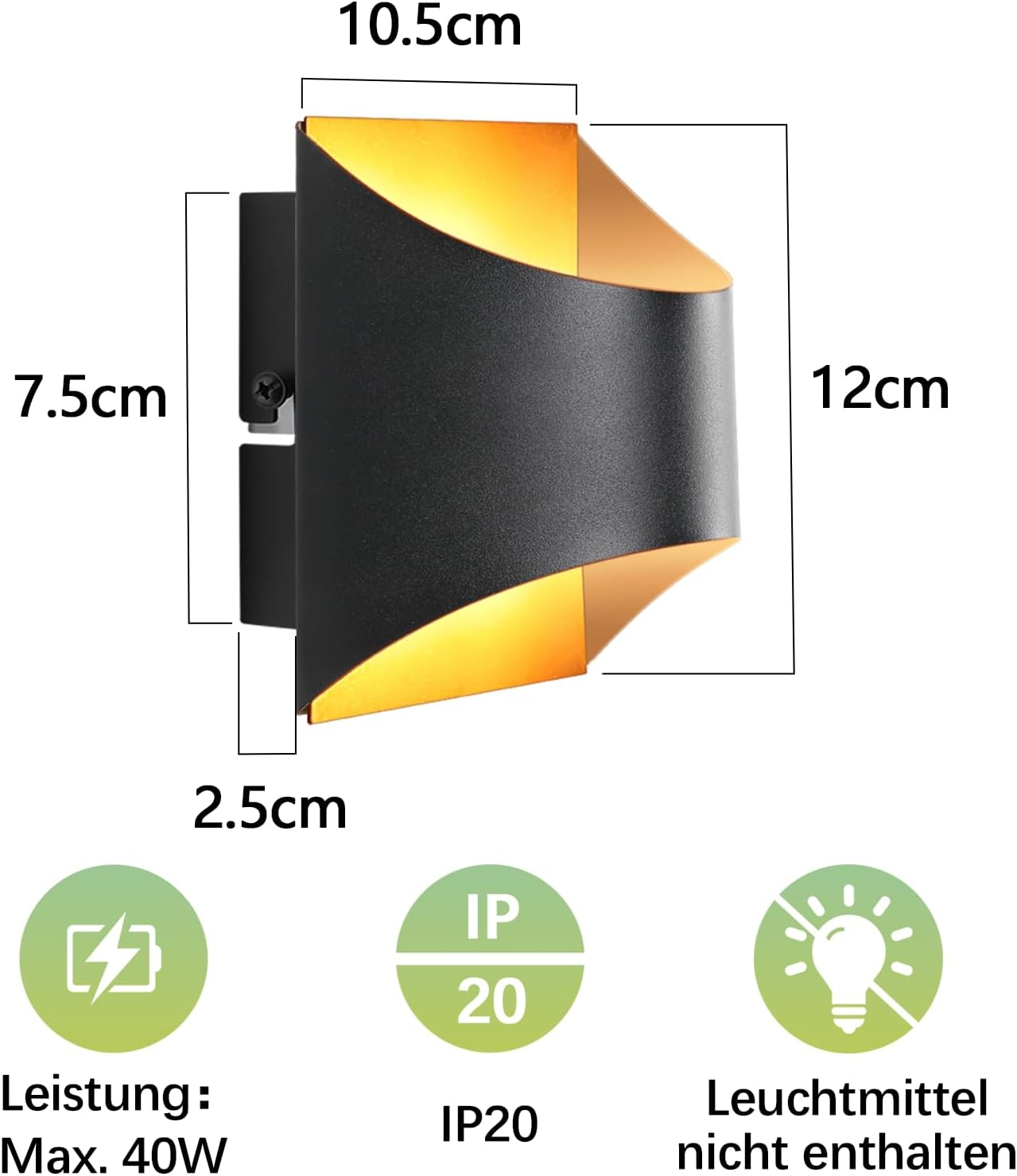 Lampada da parete nera moderna, 10,5x7,5x12cm. IP20, max 40W. Lampadina non inclusa.